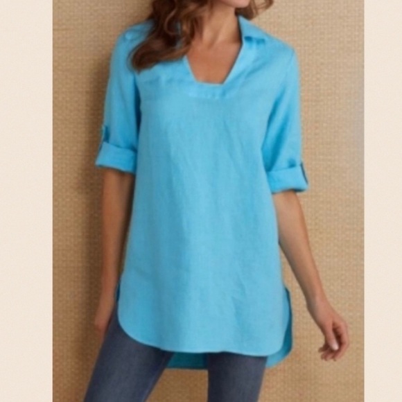 Soft Surroundings Linen Tunic Top Womens Size Small Blue Button Back - Picture 10 of 10
